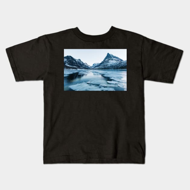 Wintertime - Ice Floating on Lake in Innerdalen Valley on Cold Sunny Winter Day Kids T-Shirt by visualspectrum